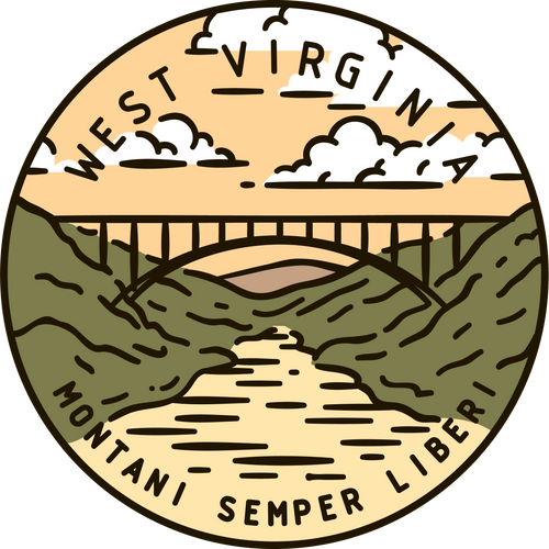 Vintage vector round label. West Virginia. Bridge.